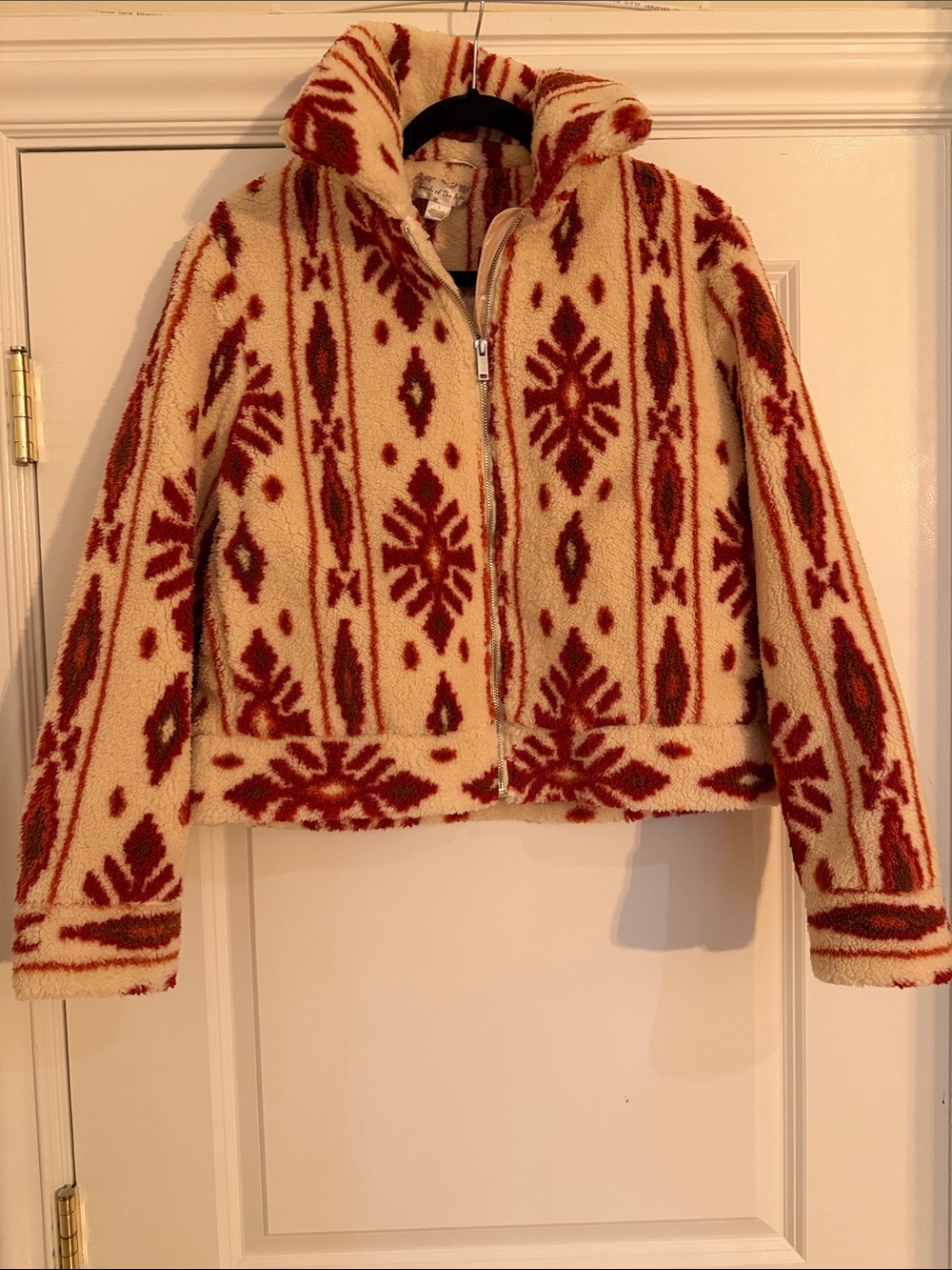 Women's Cream & Rust Patterned Sherpa Bomber Jacket